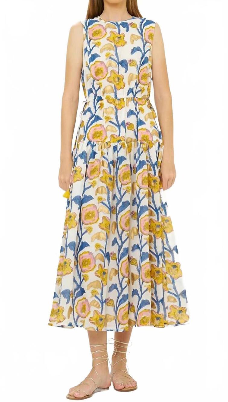 NEW OLIPHANT sleeveless piped midi dress in marigold poppy
